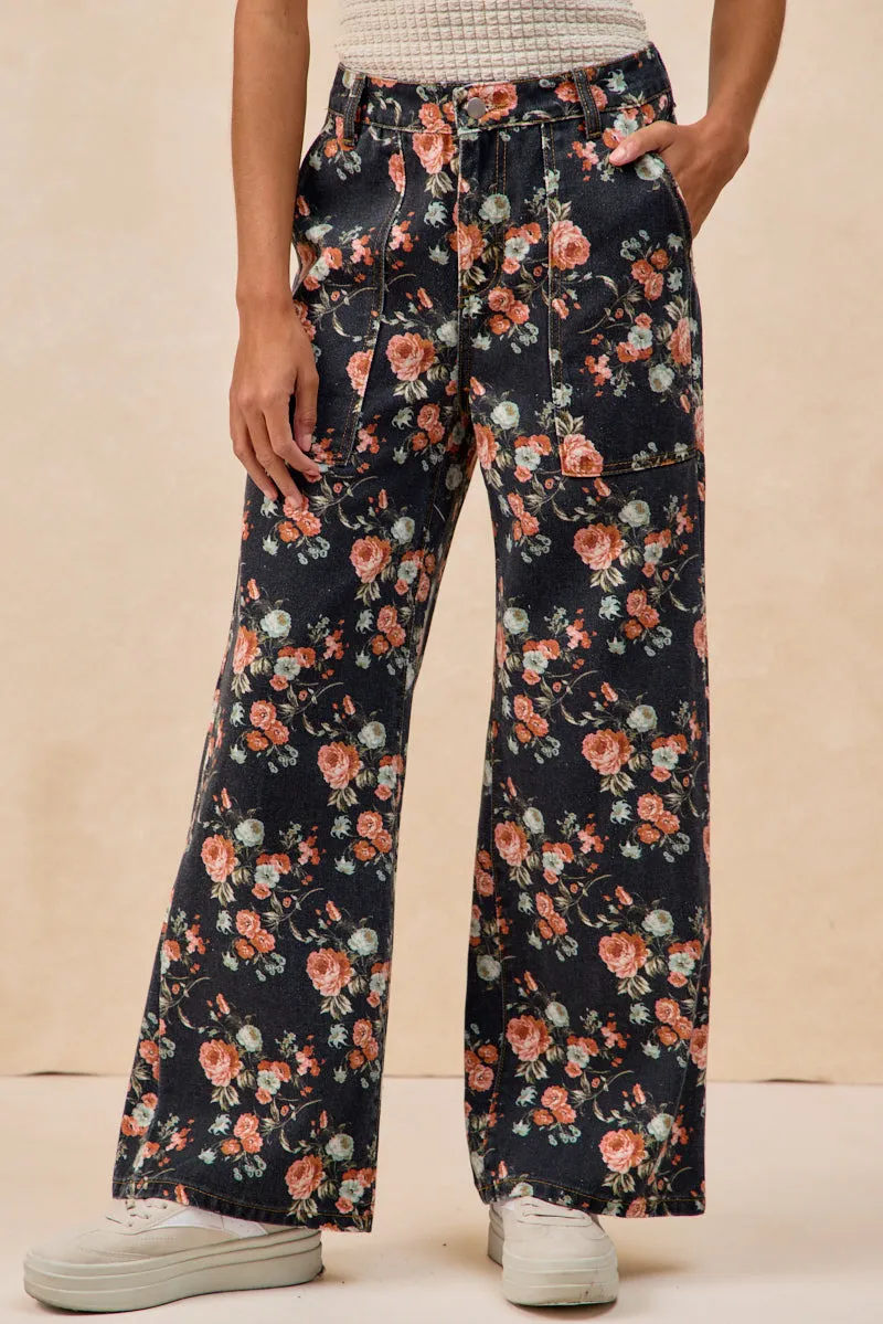 Flexible Knee Panels IB1818S-02 | WASHED FLOWER PRINTED WIDE JEANS