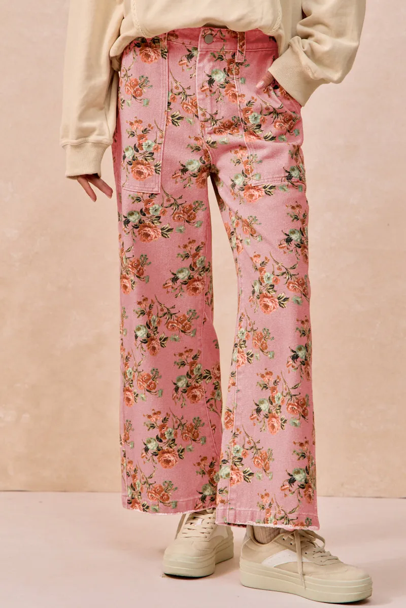 ComfortWaistband IB1818S-02 | WASHED FLOWER PRINTED WIDE JEANS
