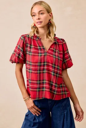 IT3435G-08P | CHRISTMAS PLAID SHORT SLEEVES RUFFLED V-NECK TOP SecureCargoPockets