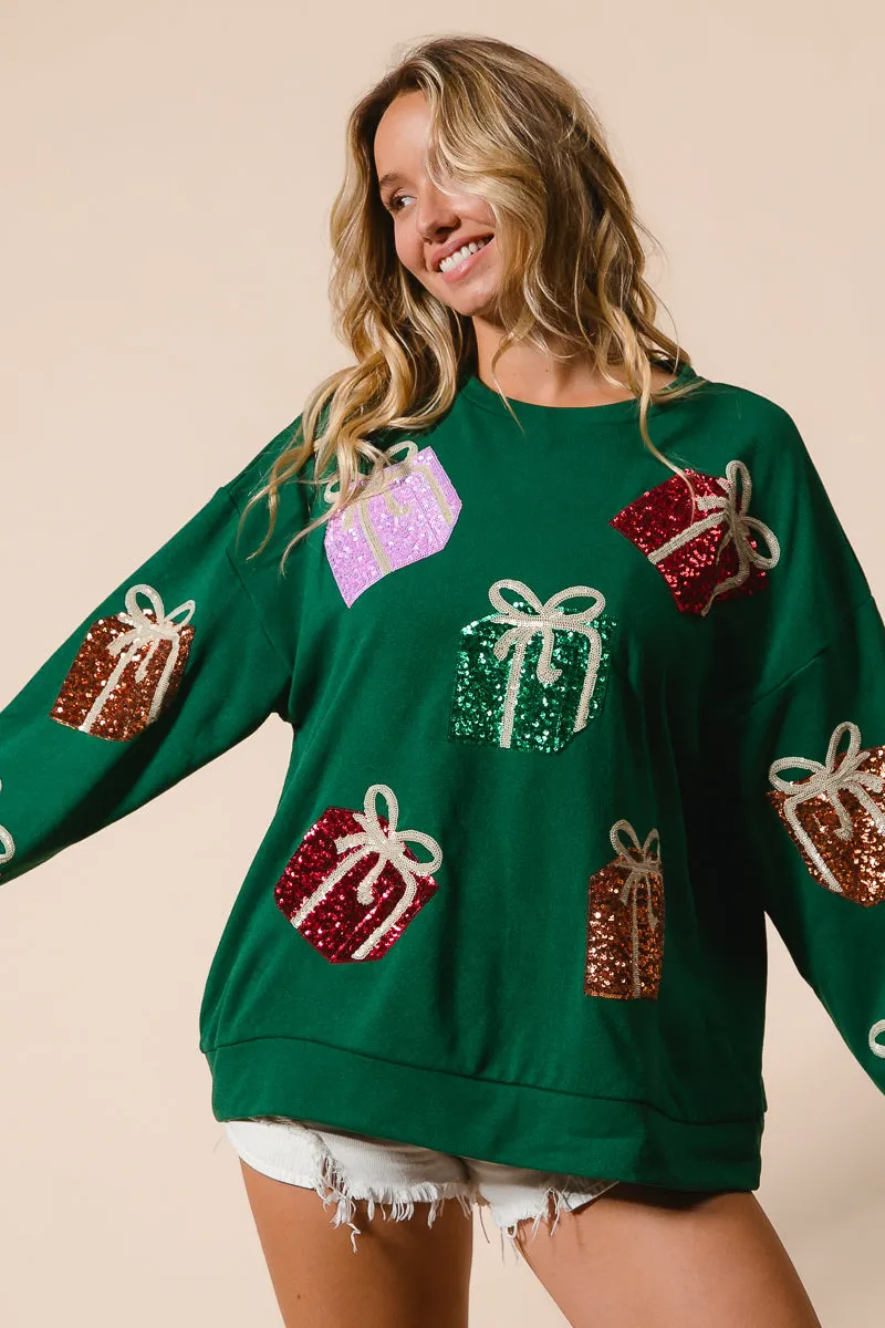 Urban appeal IT1508G-30 | SEQUIN CHRISTMAS GIFT BOX EMBROIDERIES PULLOVER