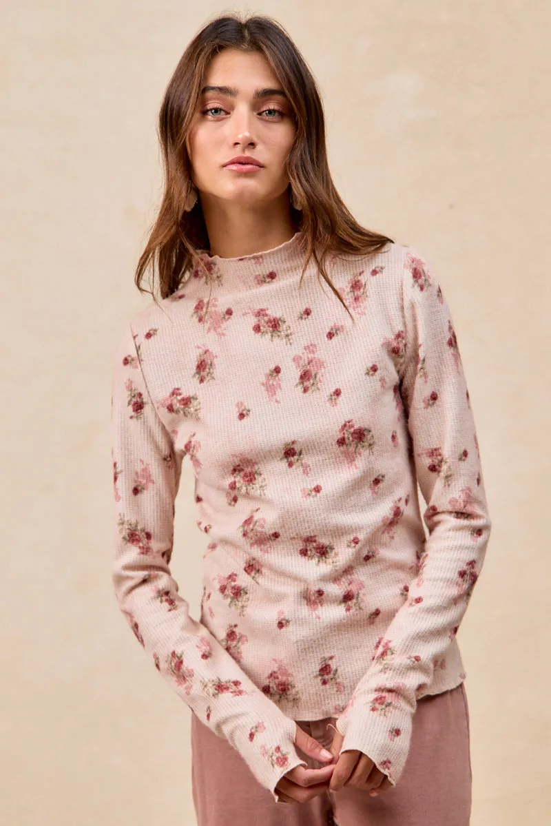 Rainy Day Option HighNeckDesign IT4077S-07 | HIGH NECKLINE TEXTUR FLORAL PRINTED TOP WITH THUMB