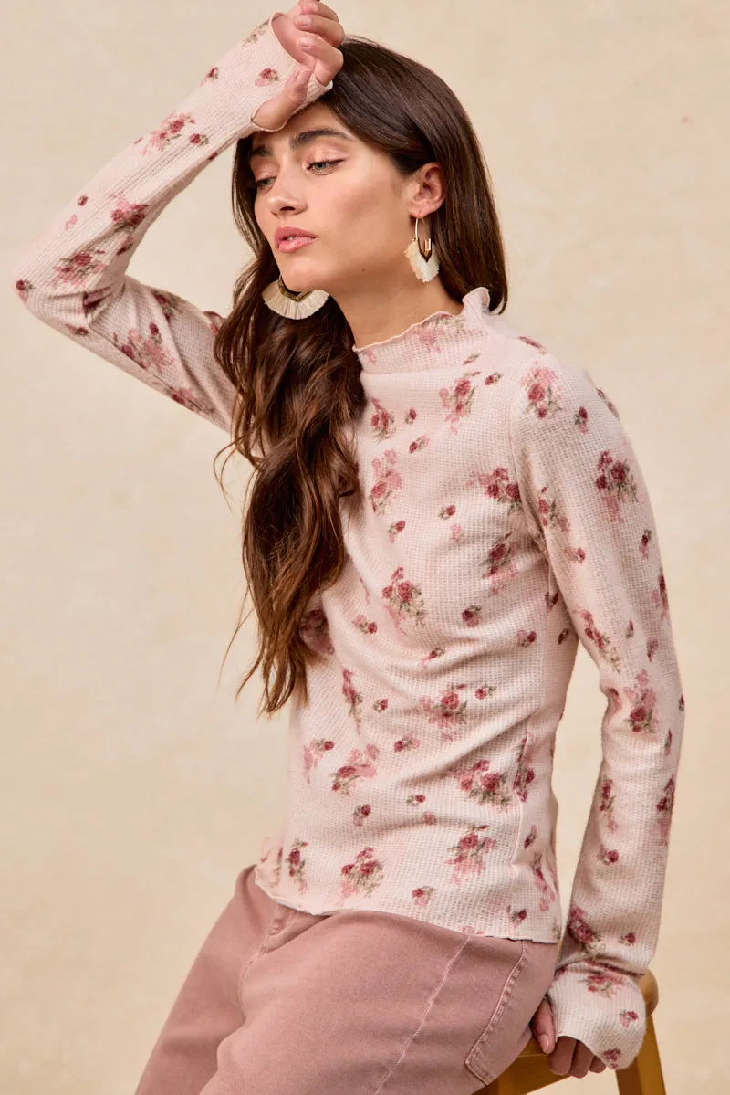 IT4077S-07 | HIGH NECKLINE TEXTUR FLORAL PRINTED TOP WITH THUMB QuickDryFinish Ergonomic Articulation