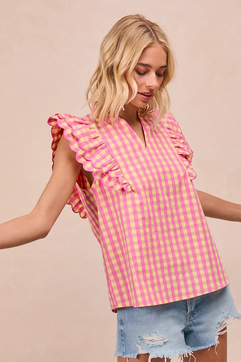 Reflective accents IT4108R-02 | GINGHAM WOVEN SCLLOPED EDGE RUFFLED SLEEVES V NECK TOP