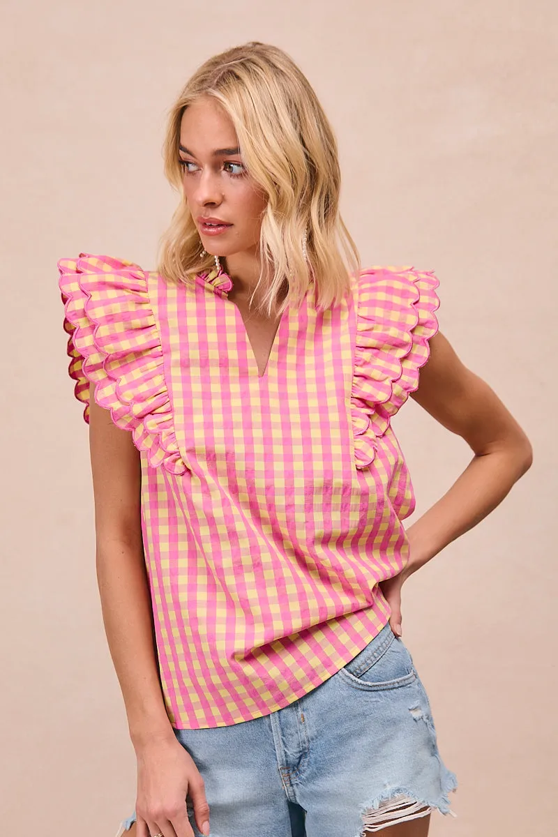 Fade Resistant Dye Method Crisp Look IT4108R-02 | GINGHAM WOVEN SCLLOPED EDGE RUFFLED SLEEVES V NECK TOP