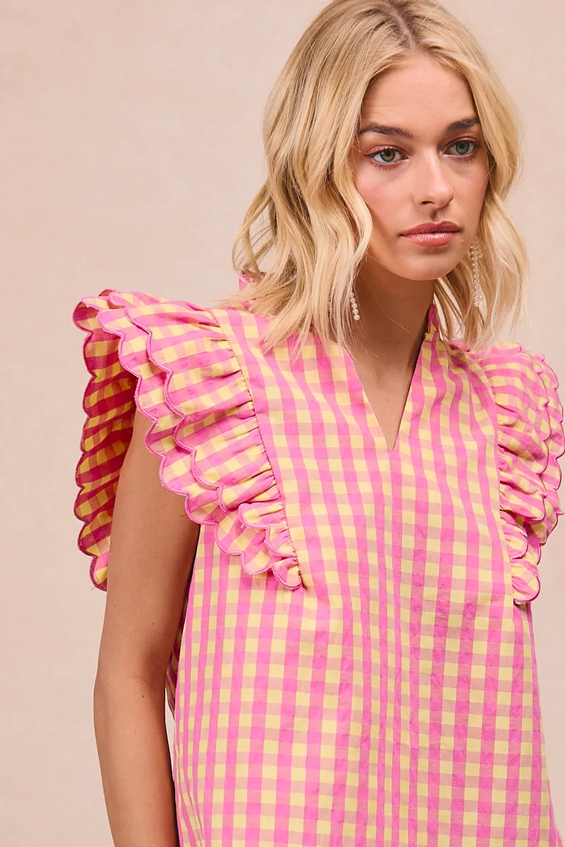 IT4108R-02 | GINGHAM WOVEN SCLLOPED EDGE RUFFLED SLEEVES V NECK TOP Stain Resistant Material Stormproof Zipper