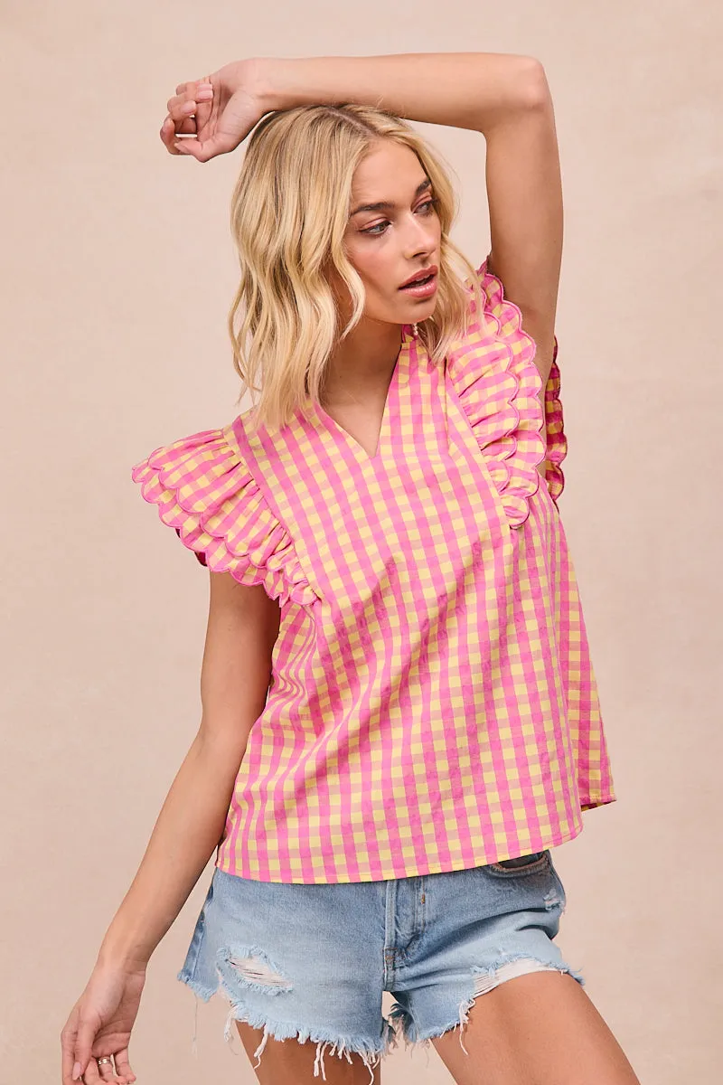 Adjustable Fit Design ReinforcedStressPoints IT4108R-02 | GINGHAM WOVEN SCLLOPED EDGE RUFFLED SLEEVES V NECK TOP