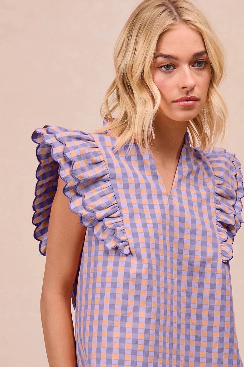 Non Irritating Tags IT4108R-02 | GINGHAM WOVEN SCLLOPED EDGE RUFFLED SLEEVES V NECK TOP