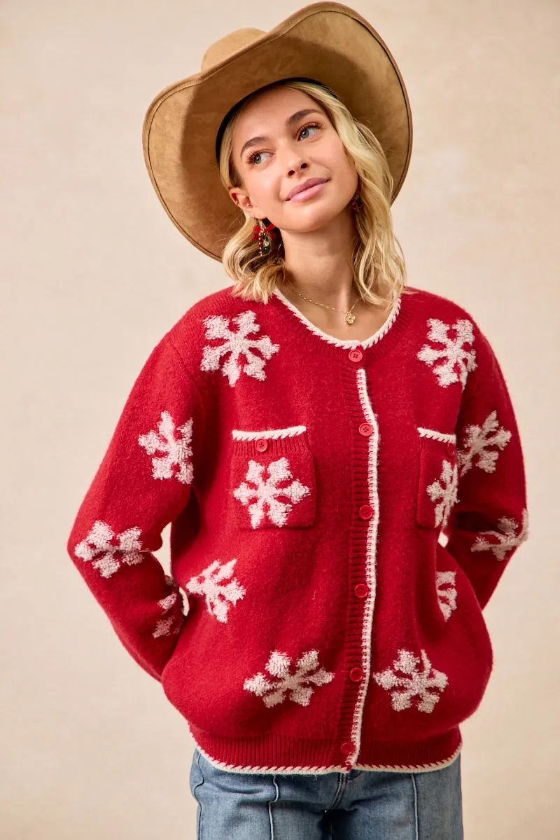 IT4455K-01 | SNOWFLAKE PATTERN CHRISTMAS SWEATER CARDIGAN Soft Fleece