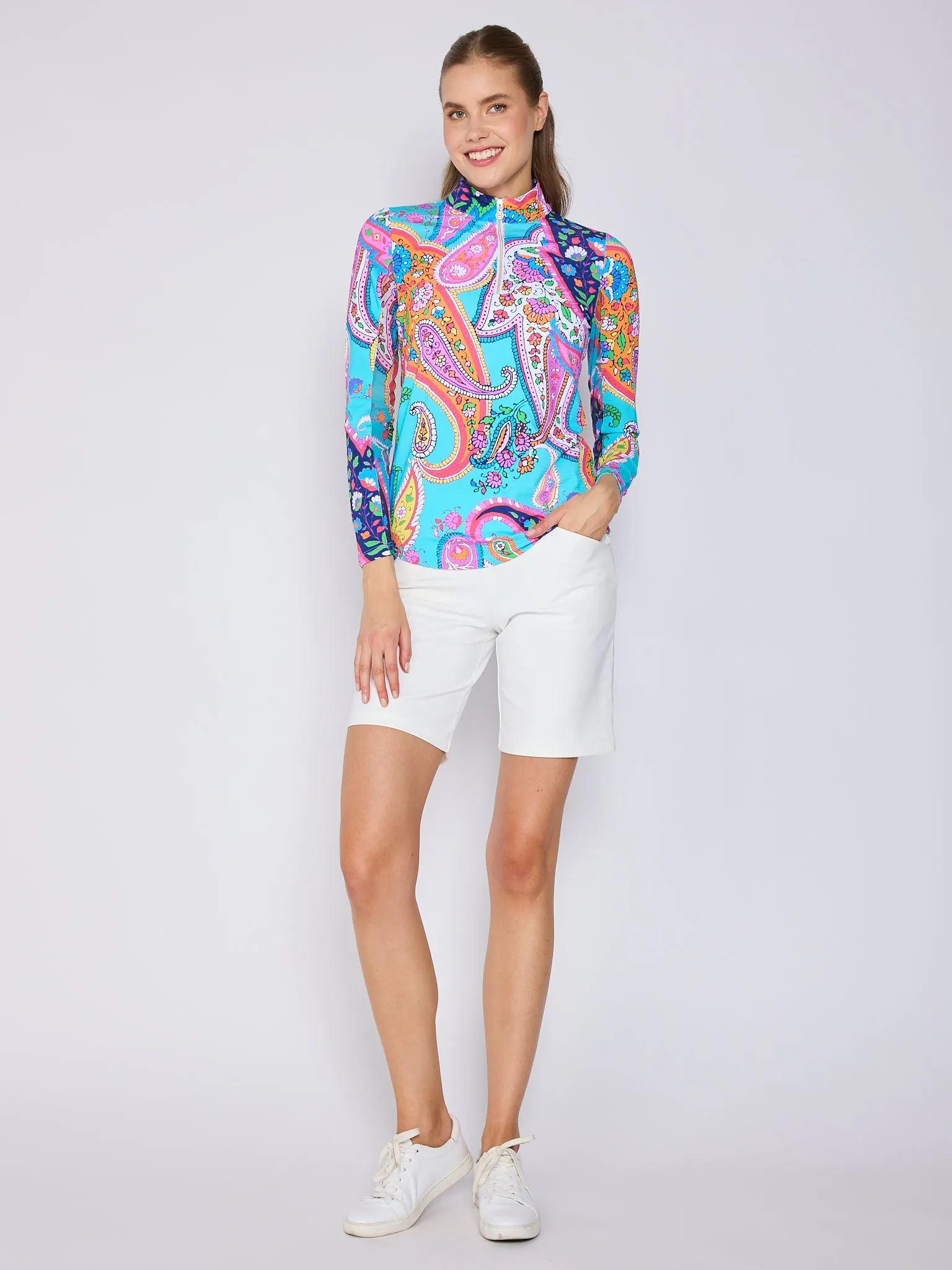 Quarter Zip Sun Protection Top In Poolside StaticResistant Material NonRestrictiveCut