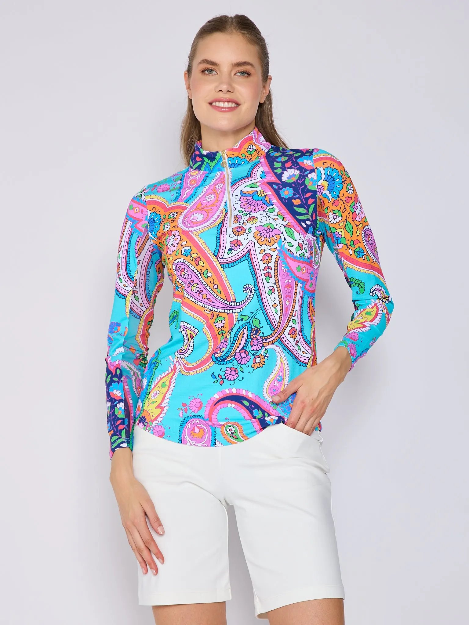 Quarter Zip Sun Protection Top In Poolside TemperatureRegulating Fabric Sustainable Manufacturing Process