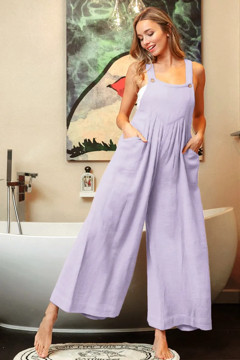 IB1206-01 | SIDE POCKETS GATHERED FRONT SLEEVELESS JUMPSUIT DurableBartack Lightweight Material