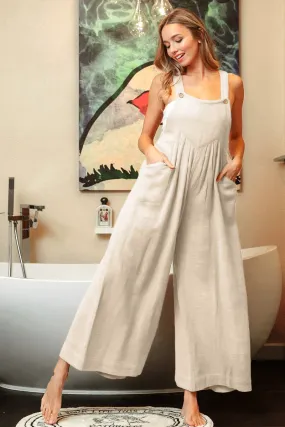 IB1206-01 | SIDE POCKETS GATHERED FRONT SLEEVELESS JUMPSUIT Boho chic TemperatureRegulation