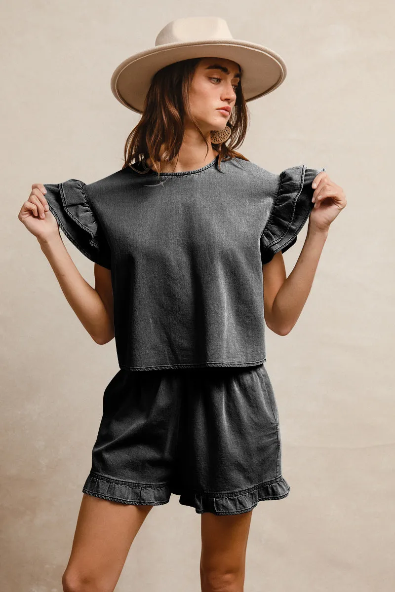 Abrasion Resistant Panels Denim finish IB1696-01 | LT DENIM SOLID WITH TIERED RUFFLE DETAILS SHORT SLEEVES TOP AND ELASTIC WAIST SHORTS SET