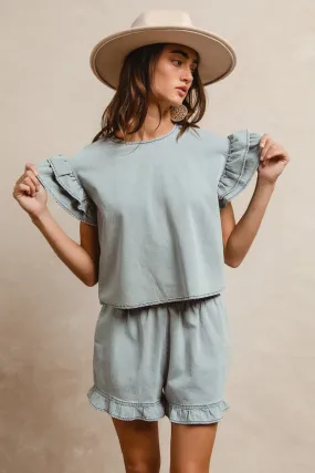Smooth Fabric IB1696-01 | LT DENIM SOLID WITH TIERED RUFFLE DETAILS SHORT SLEEVES TOP AND ELASTIC WAIST SHORTS SET