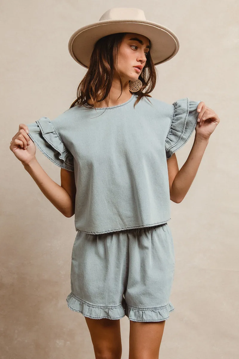IB1696-01 | LT DENIM SOLID WITH TIERED RUFFLE DETAILS SHORT SLEEVES TOP AND ELASTIC WAIST SHORTS SET Smart Look Shape Retention