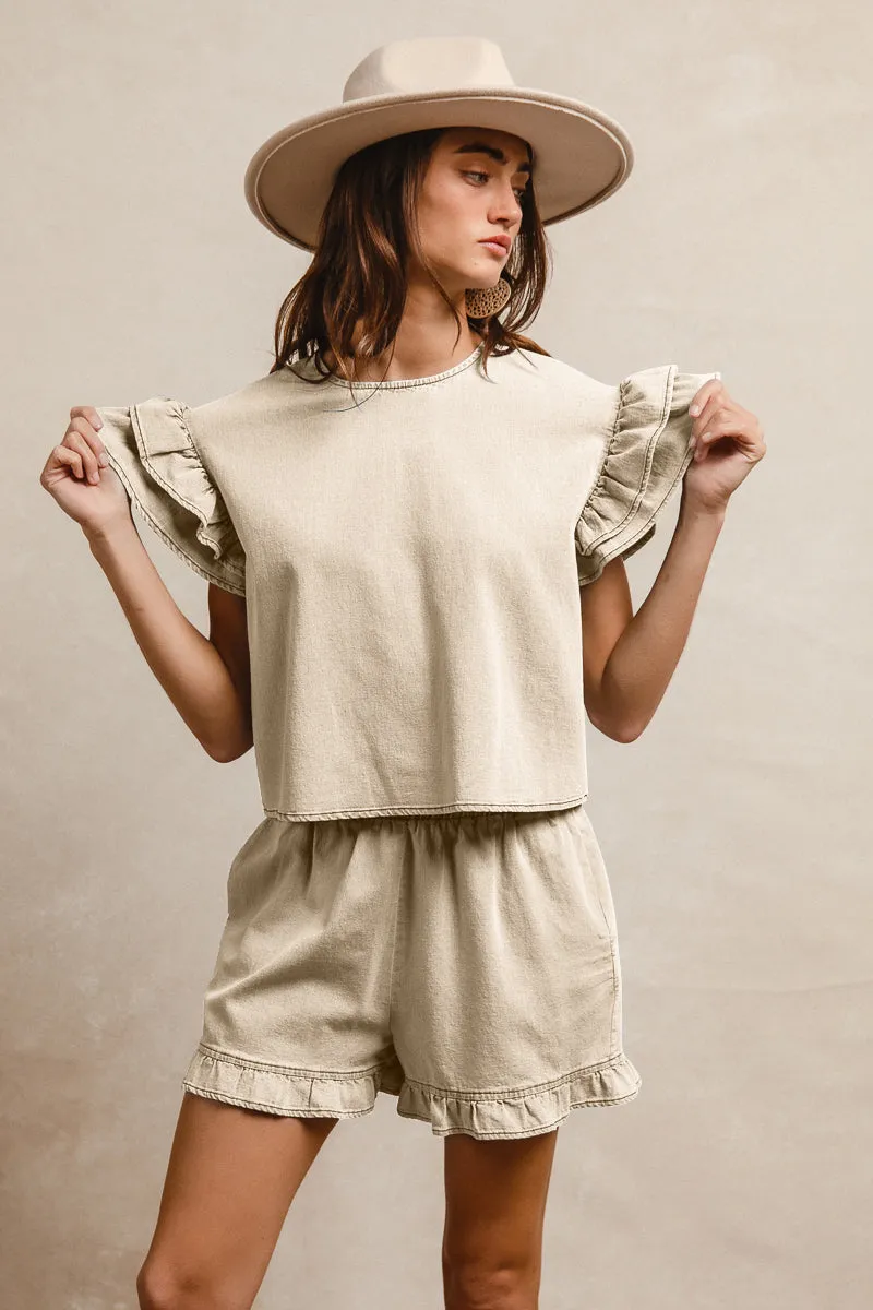 Plus-size option IB1696-01 | LT DENIM SOLID WITH TIERED RUFFLE DETAILS SHORT SLEEVES TOP AND ELASTIC WAIST SHORTS SET