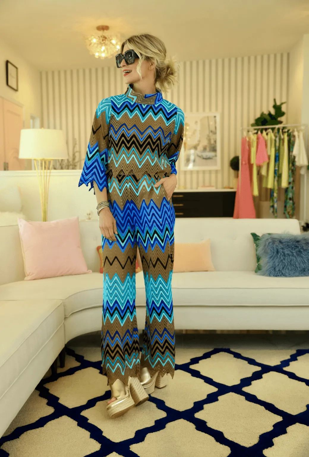 Buru x Kelly Golightly Poolside Flat Front Trousers  - Flame Stitch Mid-rise fit Anti Slip Waistband