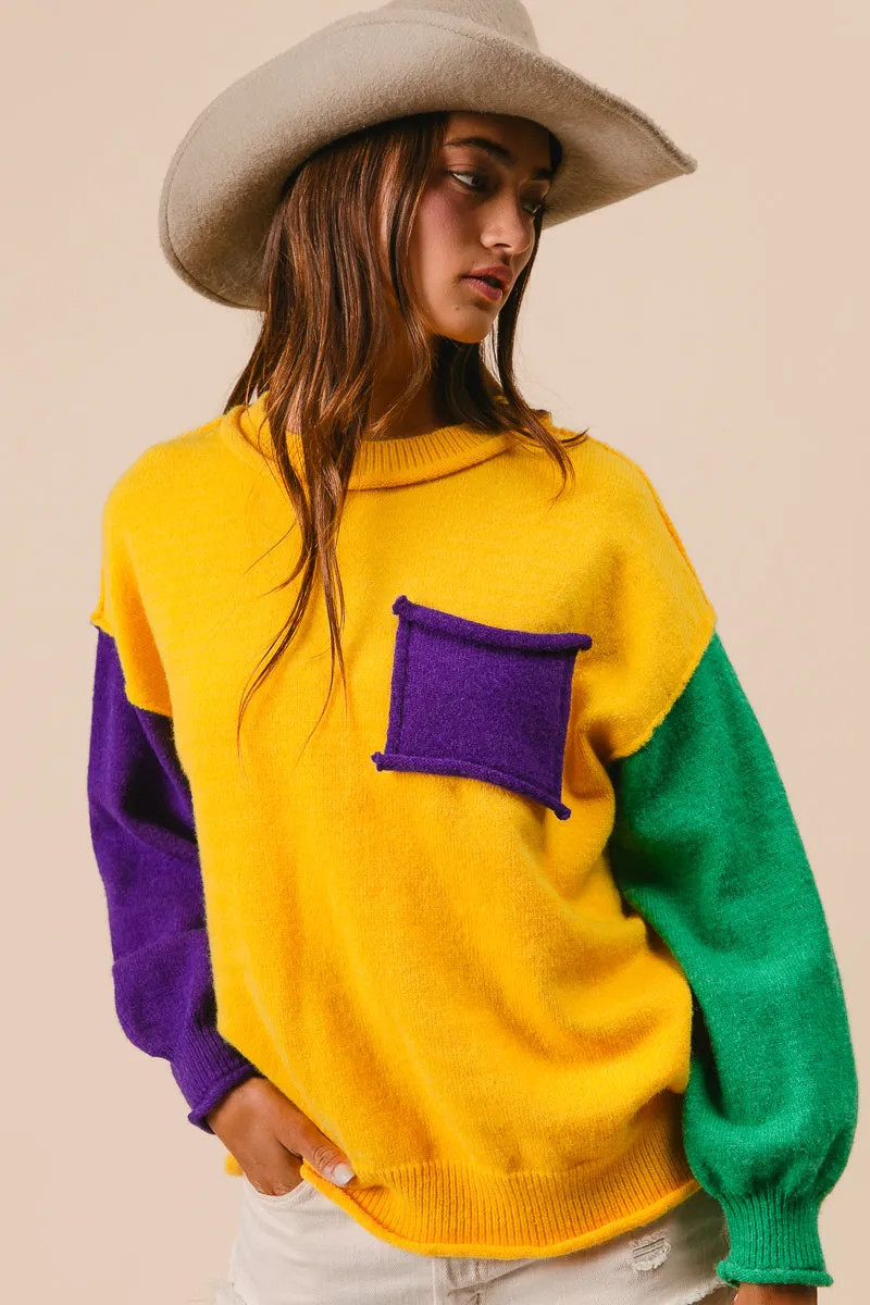 Casual Edge IT3129-01 | PATCH POCKET MARDI GRAS COLOR BLOCK SWEATER