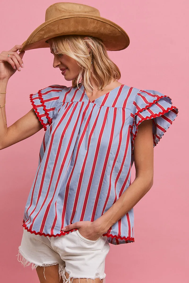 IT3648S-02 | WAVY TRIM EDGE STRIPE WOVEN V NECK TOP-BACK KEY HOLWE Everyday Layer Style Active Wear