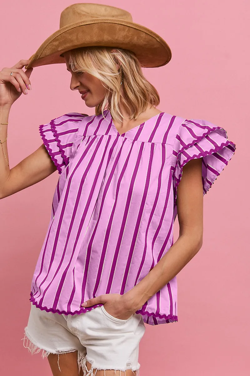 IT3648S-02 | WAVY TRIM EDGE STRIPE WOVEN V NECK TOP-BACK KEY HOLWE All Weather Protection