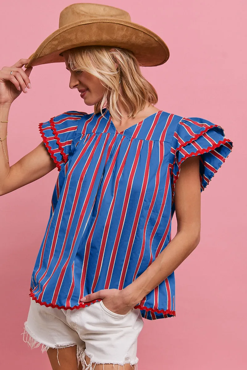 IT3648S-02 | WAVY TRIM EDGE STRIPE WOVEN V NECK TOP-BACK KEY HOLWE PerimeterStructuralBoning