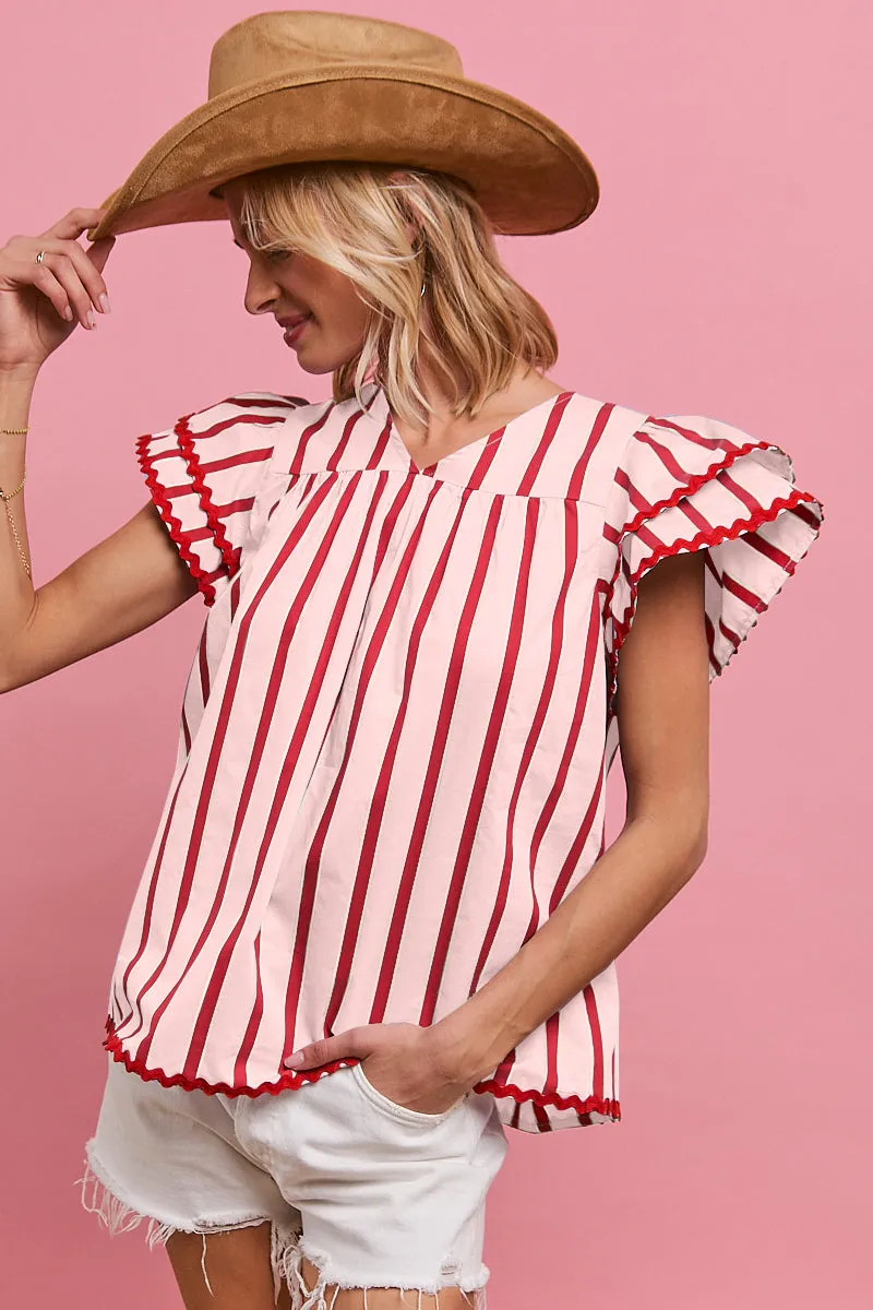 IT3648S-02 | WAVY TRIM EDGE STRIPE WOVEN V NECK TOP-BACK KEY HOLWE Autumn Wear