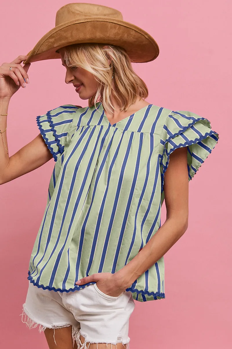 IT3648S-02 | WAVY TRIM EDGE STRIPE WOVEN V NECK TOP-BACK KEY HOLWE Wind Blocking Fabric