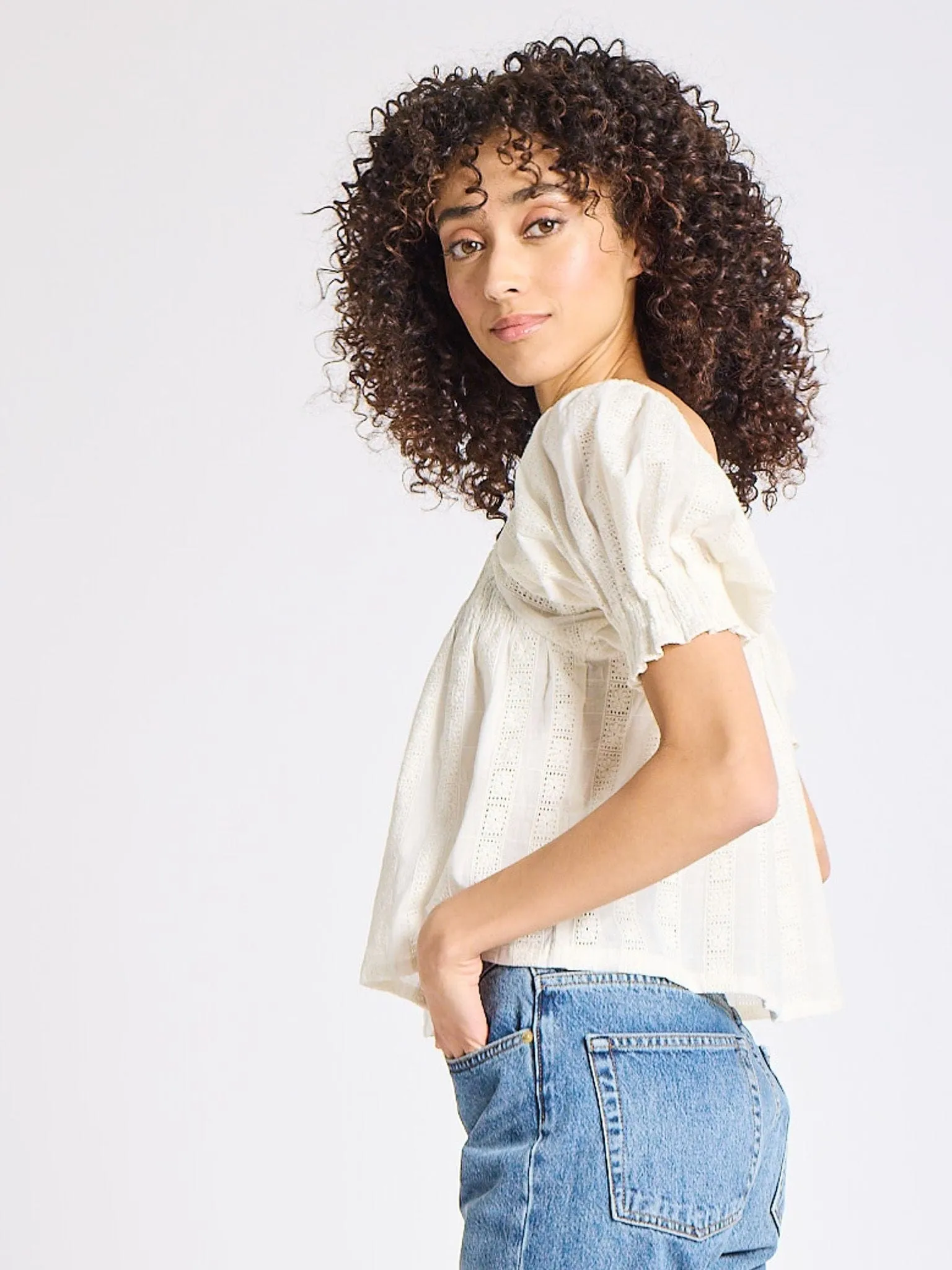 Contrast Stitch Accent Caro Top in Ivory Eyelet