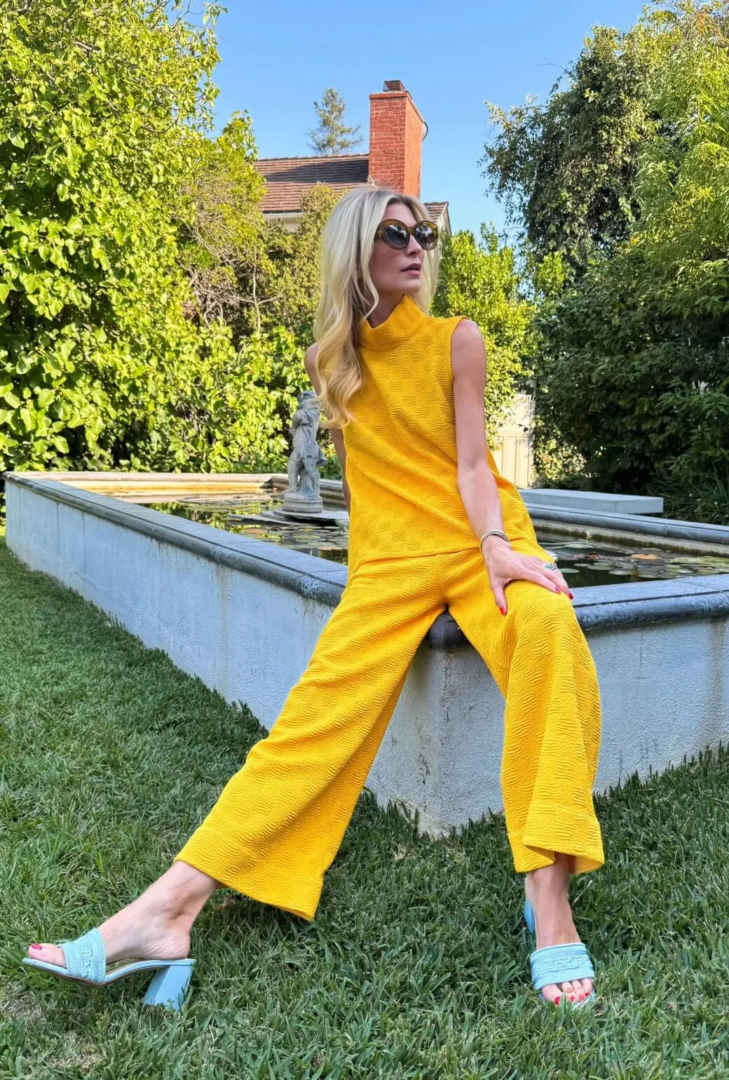 SAMPLE - Wide Leg Knit Trouser - Marigold Jacquard Knit Odor Resistant Treatment AllDayComfort