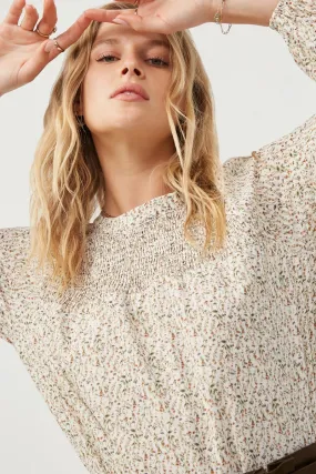 Ditsy Print Smocked Detail Long Sleeve Top MultiFunctionalDesign Basic Tee