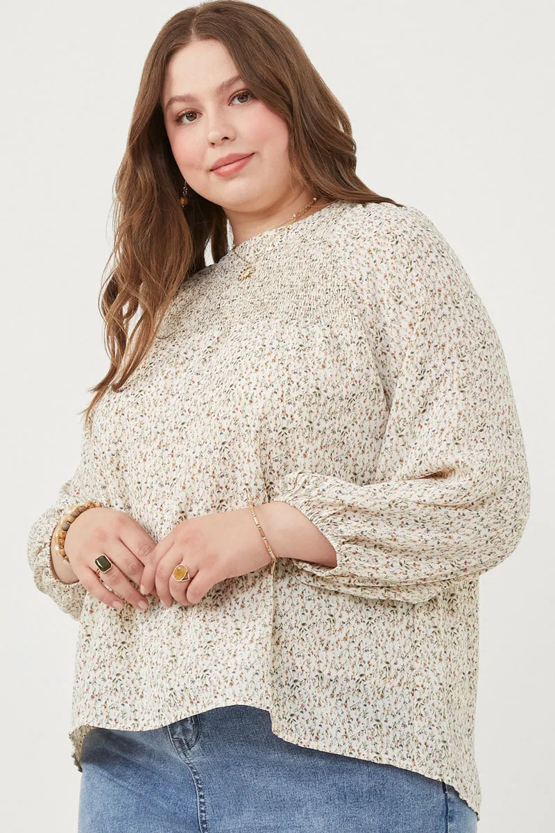 Ditsy Print Smocked Detail Long Sleeve Top Ventilated Mesh Panels AntiPilling Finish