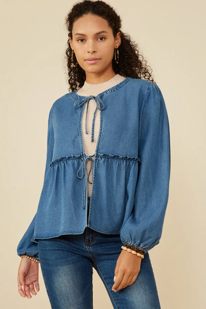 Ruffle Detail Tie Front Denim Cardigan HighNeckDesign