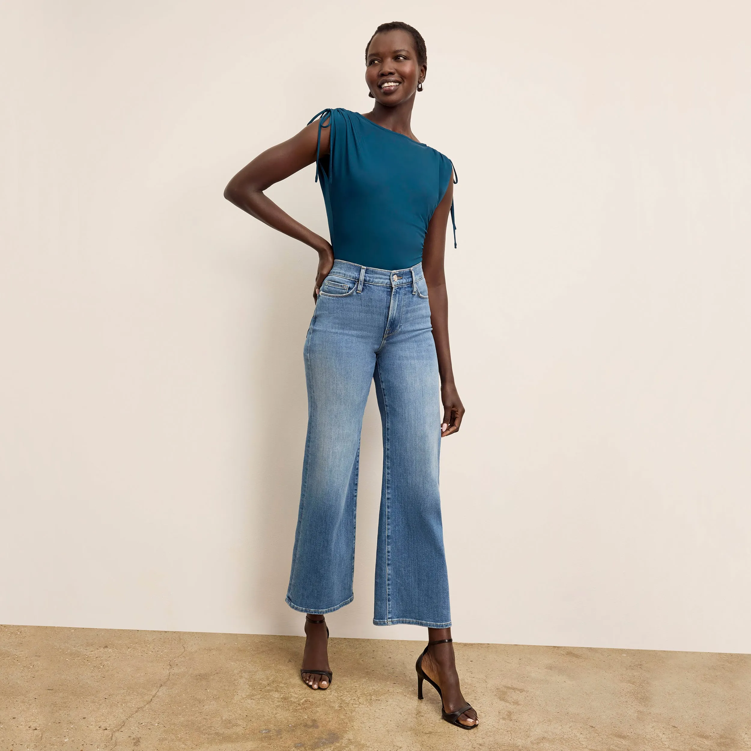 Dotty Cinch-Sleeve Top - Light Jersey :: Moroccan Blue HighDensity Knit