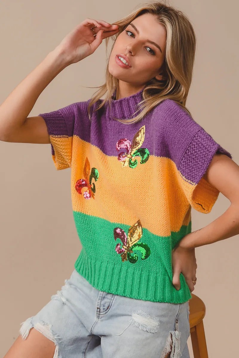 HighWaistSupport SeamlessPocketDesign IT1388G-16 | SEQUIN EMBROIDERY MARDI GRAS COLOR SWEATER TOP