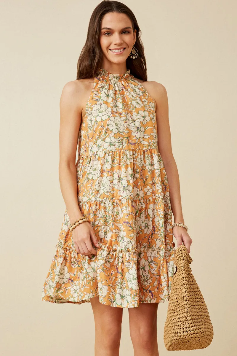 Floral Print Ruffled Neck Tiered Tank Dress Casual Tones Classic Style