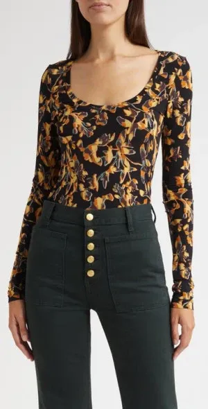 ULLA JOHNSON ARIS JERSEY LONG SLEEVE U-NECK TOP Reinforced Seam Technique Ribbed Trim