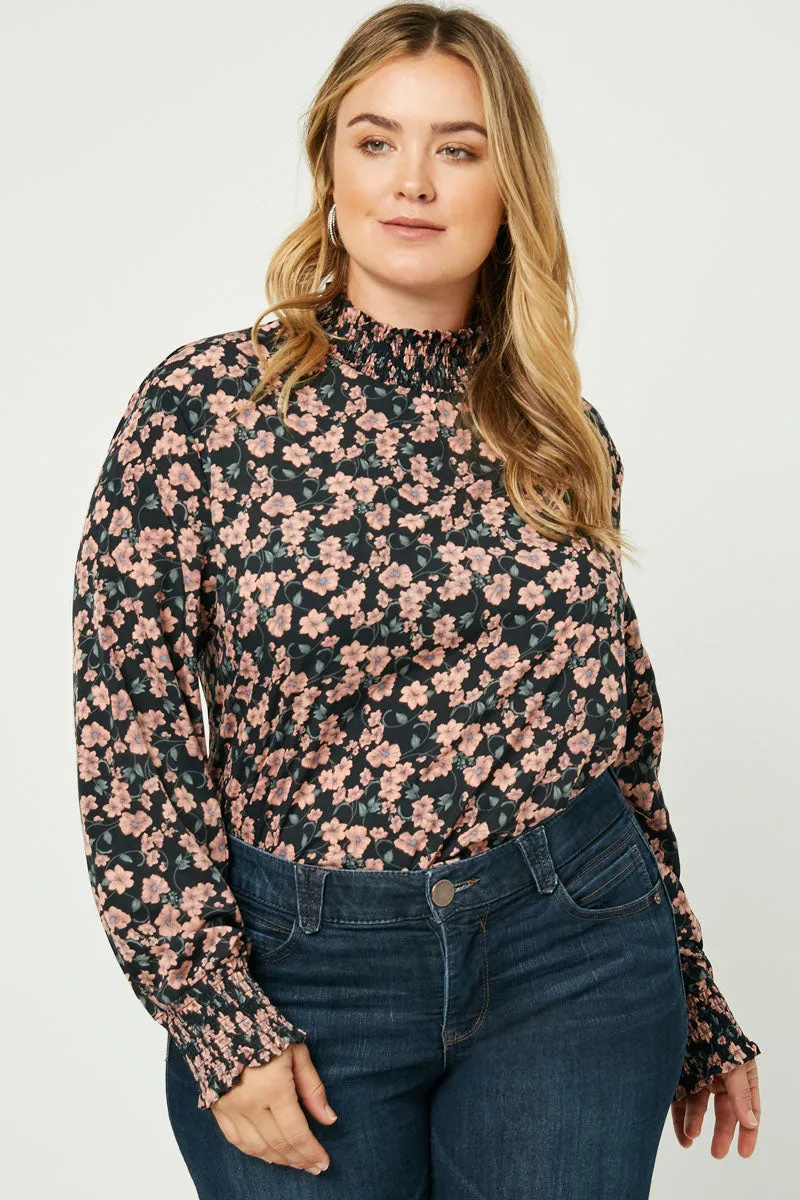 Relaxed Fit Shirt Ruffle Neck Smocked Cuff Top