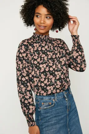 Ruffle Neck Smocked Cuff Top Wrinkle resistant fabric V-neck Shirt