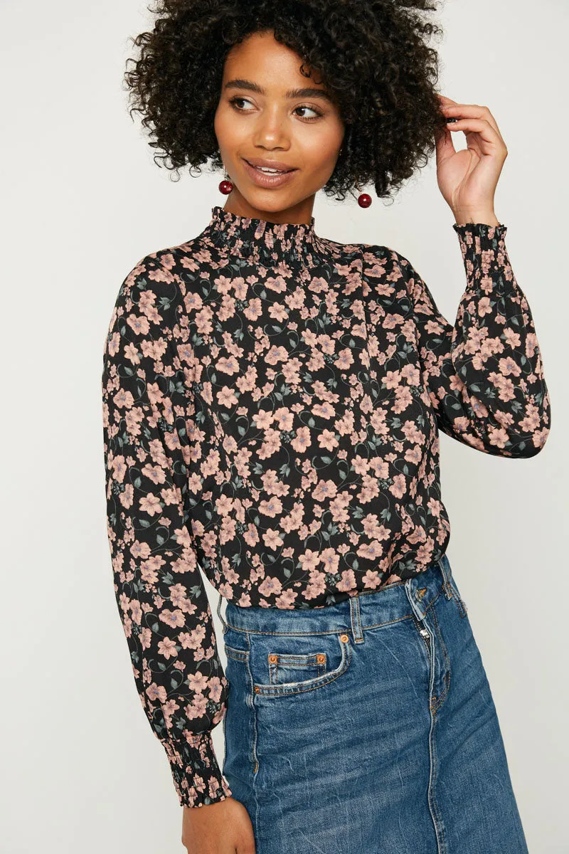 Ruffle Neck Smocked Cuff Top Bound Edges