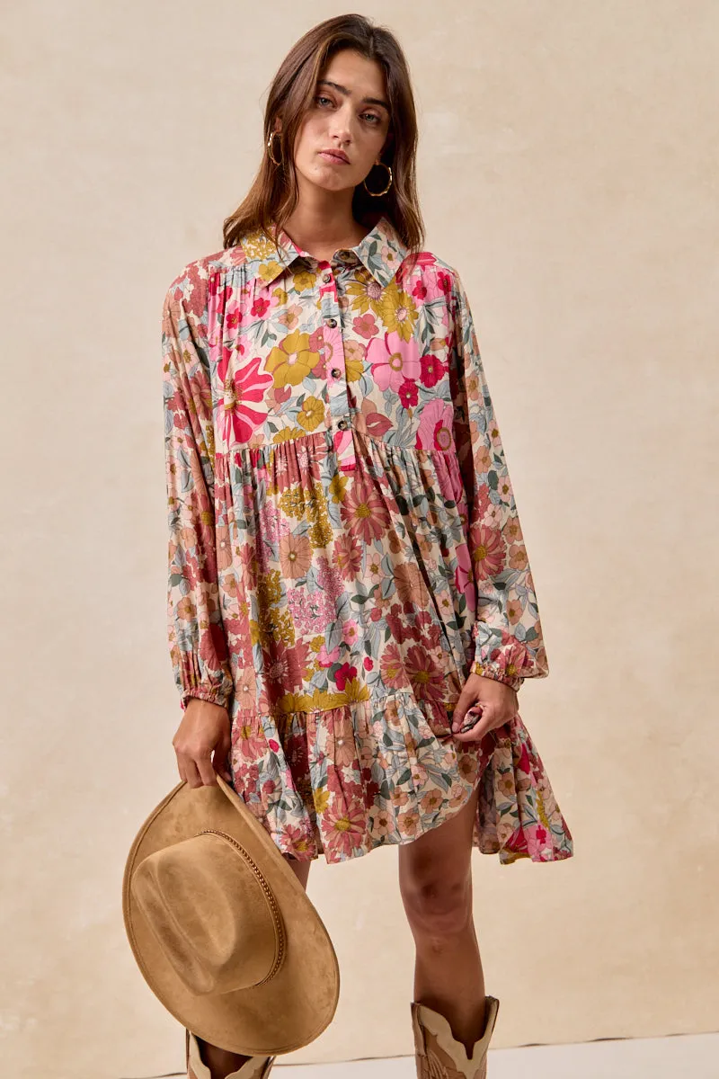 elastic waistband ID2029G-11 | FLORAL PRINT SHIRRING BUTTONED TIERED SHIRT DRESS