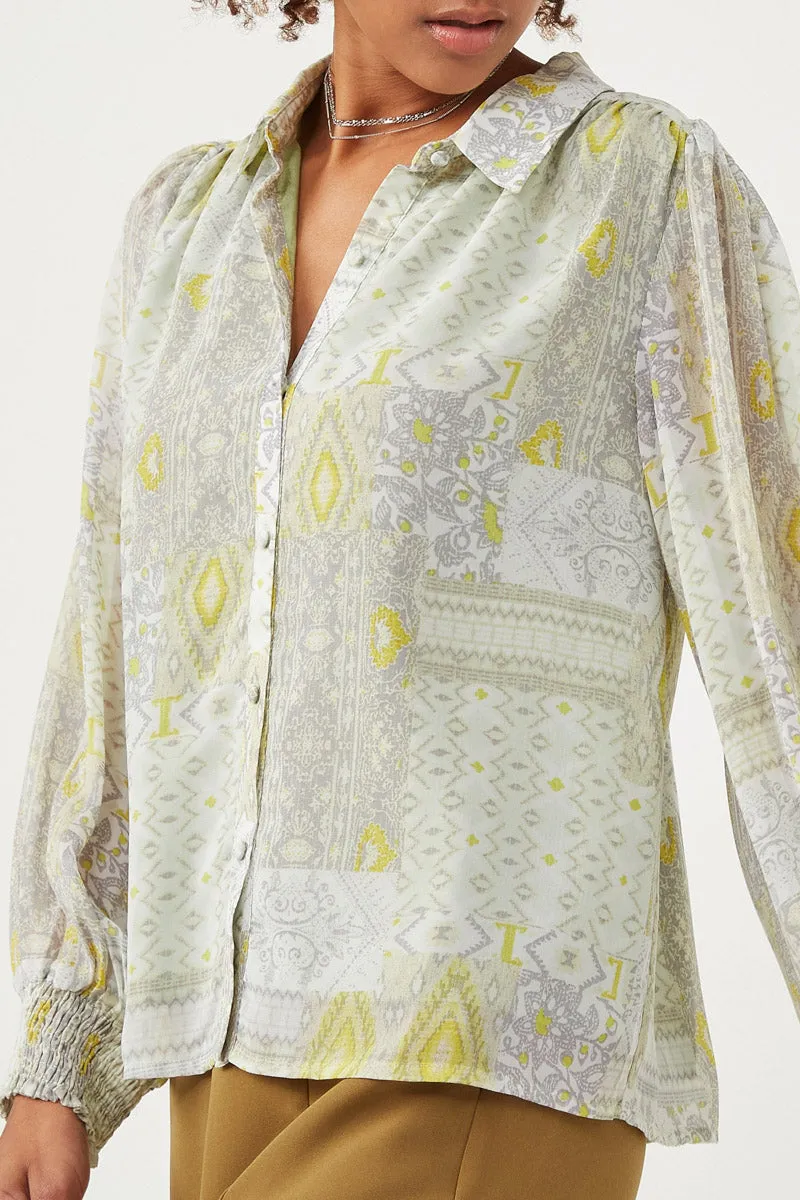 Patch Print Smocked Cuff Collared Shirt Tactile Soft Texture Yarn Dyed Stripes