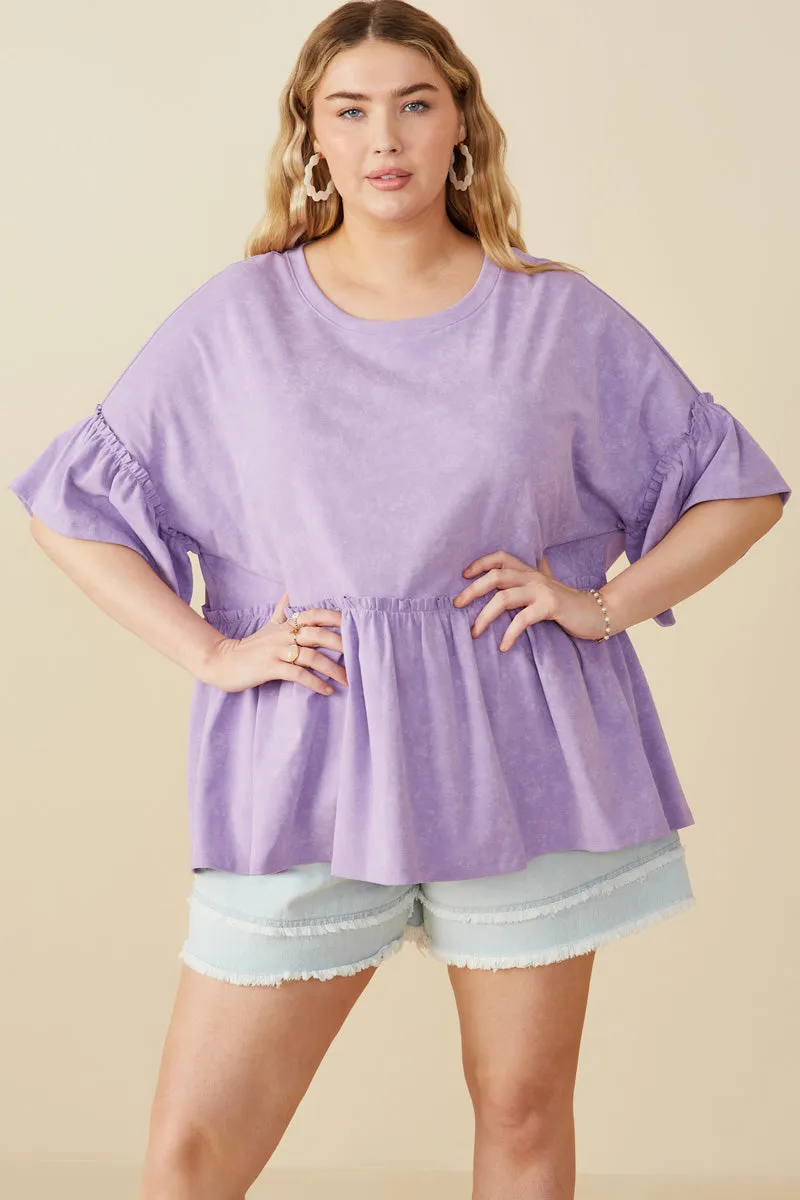 WeightedHem BreathableMesh Drop Shoulder Ruffled Washed Knit Top