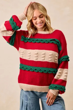 IT4617H-01 | CHRISTMAS THEME RUFFLED DETAILS SWEATER TOP Flexible Fabric