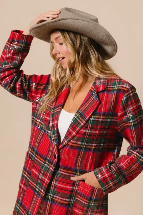 IP8352G-03 | CHRISTMAS BRUSHED PLAID SEQUIN PATCH JACKET No Irritation Seams Comfortable Leg