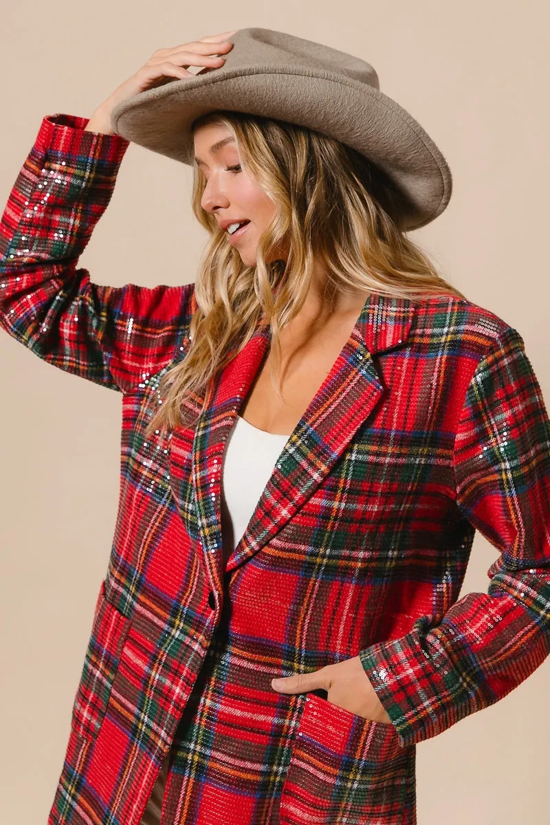 IP8352G-03 | CHRISTMAS BRUSHED PLAID SEQUIN PATCH JACKET Tangle Free Cuffs