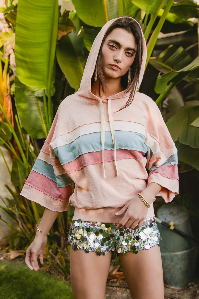 Convertible Style IT3754S-02 | SLUB KNIT CUT EDGE DETAIL COLOR BLOCK HOODIE TOP