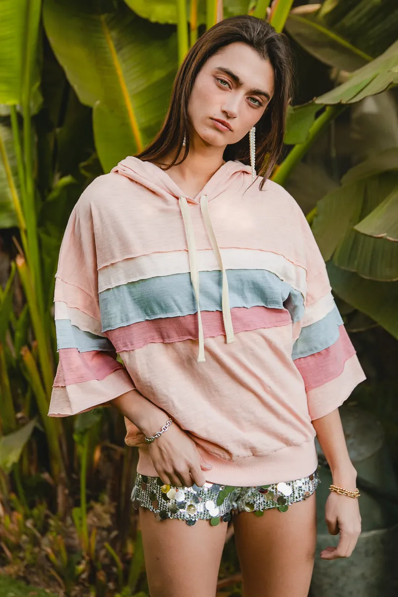 IT3754S-02 | SLUB KNIT CUT EDGE DETAIL COLOR BLOCK HOODIE TOP Flexible Knit Travel Layer