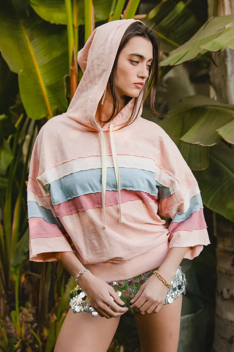 Noise Free Fabric IT3754S-02 | SLUB KNIT CUT EDGE DETAIL COLOR BLOCK HOODIE TOP