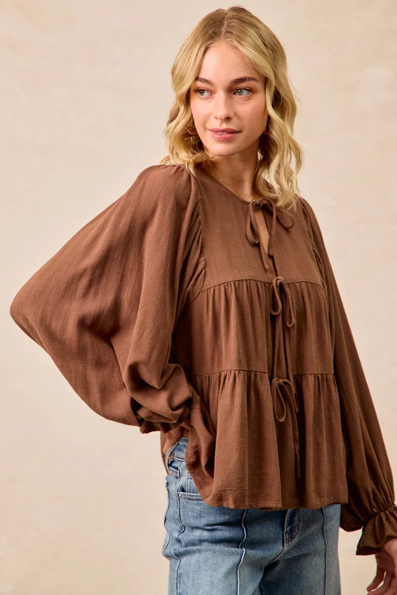 Non Restrictive Cut IT4450H-03 | LINEN LIKE SOLID TOP WITH BOW TIED DETAILS