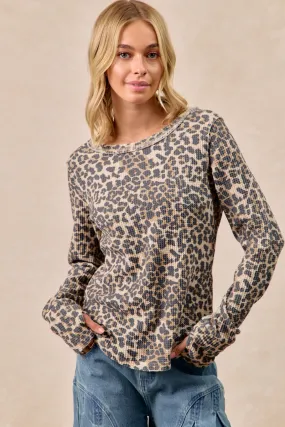 FullLengthZip High Neck IT4547G-01 | LEOPARD PRINT WASHED WAFFLE THERMAL TOP WITH THUMB